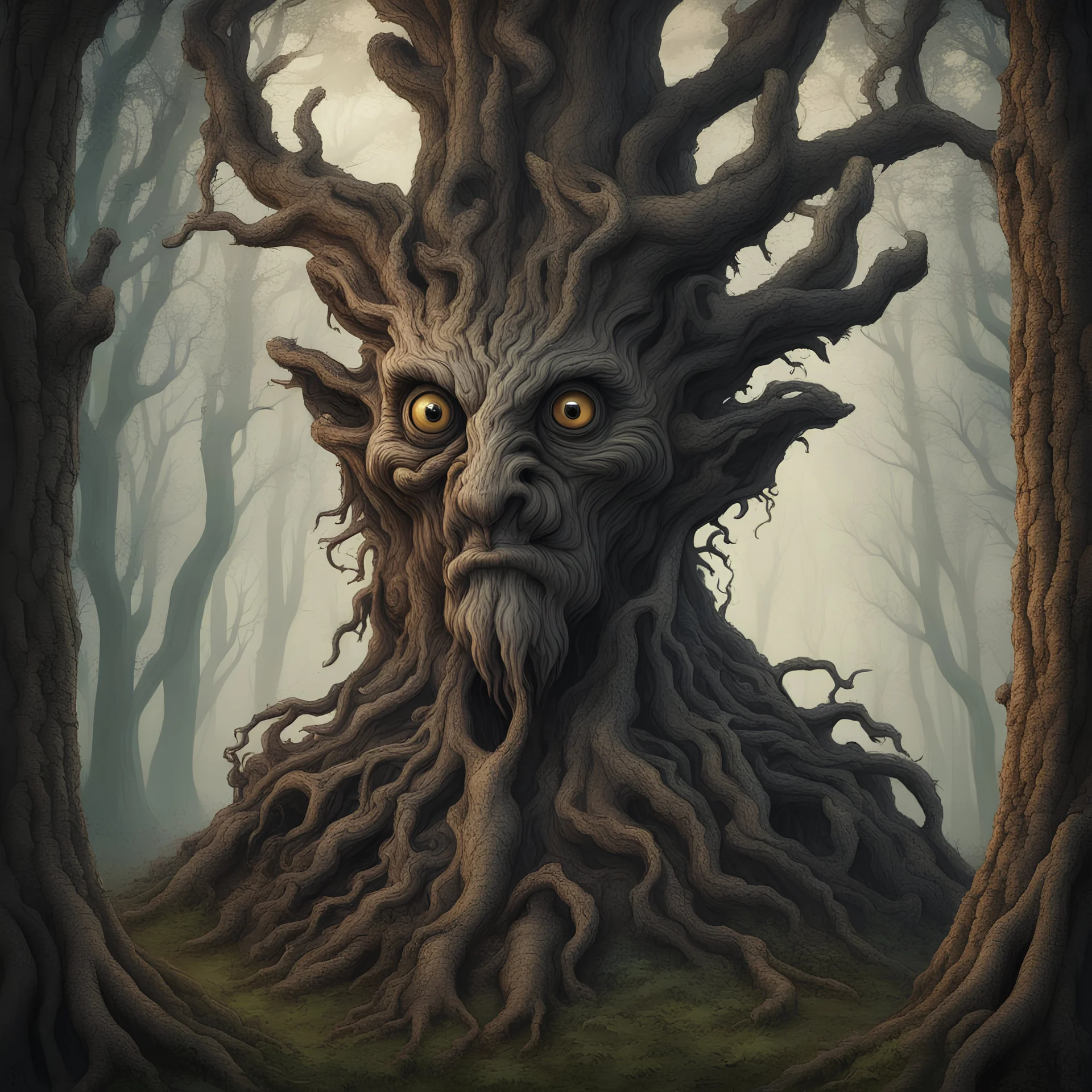 Treant with scary eyes and ebony bark, in rococo art style, background forest