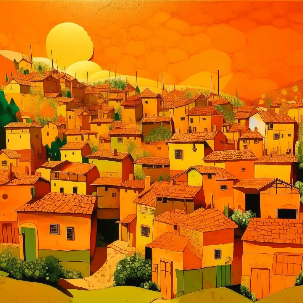 An orange colored town with battery-shaped buildings painted by Vincent van Gogh