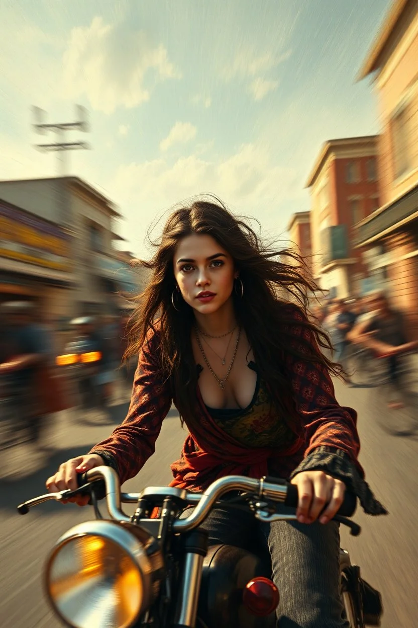 young Jennifer Connelly as gypsy biker with motion blur painted by Titian and Escher as movie poster