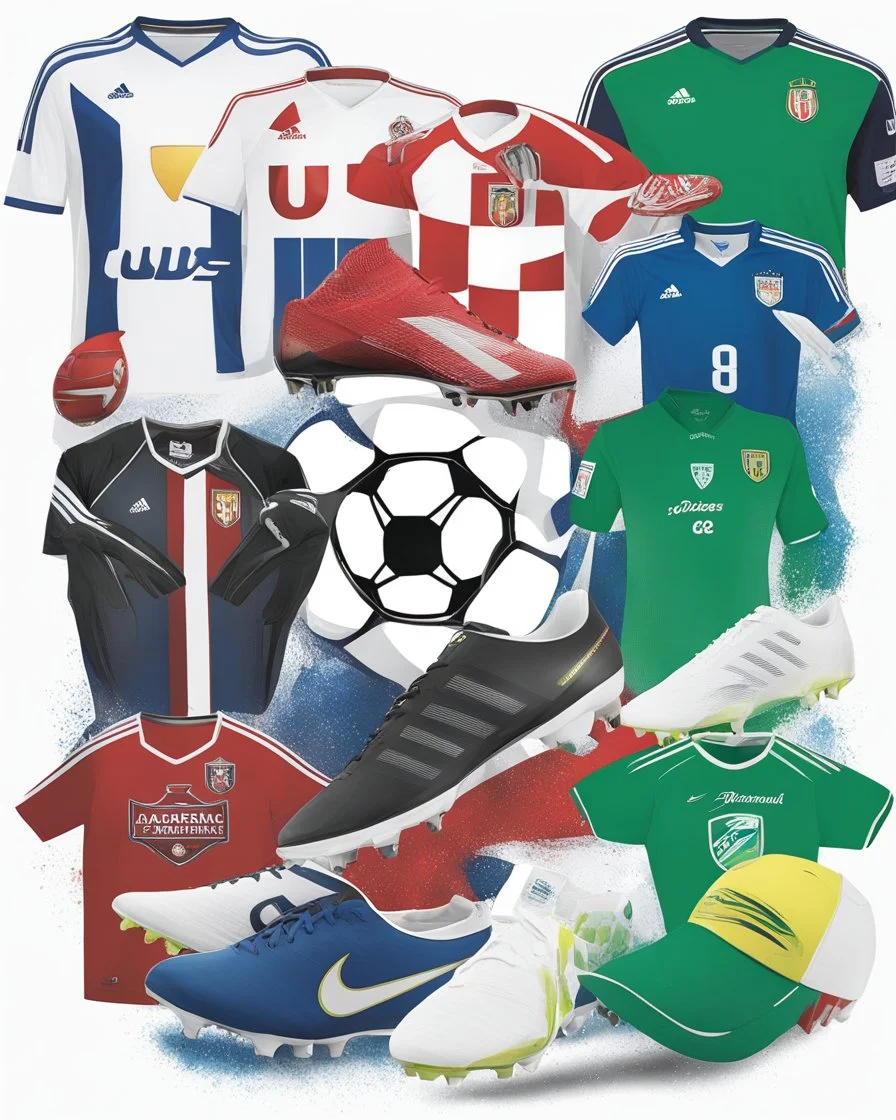 **Soccer Merchandise (Equipment & Apparels) Art:** Blend traditional sports imagery with modern design elements, showing how classic sportsmanship and contemporary innovation coexist in the products. **Appearance:** Sports Merchandise (equipments & apparels) art ideas that create compelling visuals that will endorse, exhibit, and sell athletic apparel, equipment, accessories, footwear, and gloves. High-quality images that are visually appealing and attention-grabbing,