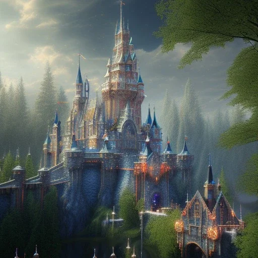 fantasy castle,bokeh, utra realistic,highly detailed, masterpiece, sharp focus,volumetric lighting, Vibrant, color Scheme, forest,ultra photoreal,hypermaximalist, unreal engine, HDR, UHD, 64K --v 4