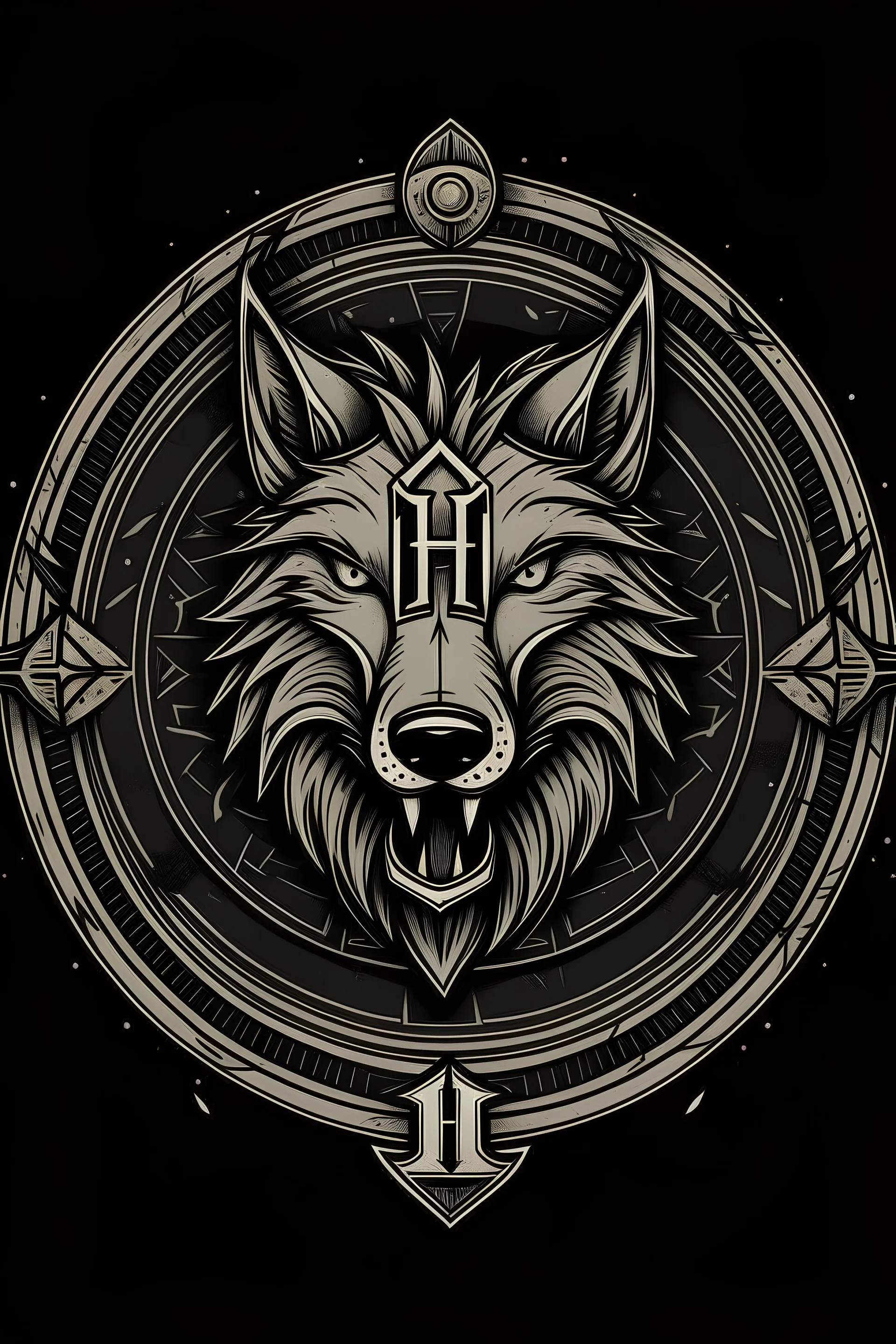 Design a logo for the clothing brand 'J H' with a Viking theme. The logo should feature a detailed illustration of a wolf's head, where runes are organically integrated into the wolf's fury, symbolizing ferocity and power. Ensure to experiment with different fonts and rune styles for the letters of the brand name 'J H,' so that they harmoniously blend into the overall logo without distracting from the wolf's head. Additionally, consider using a dark background to make the wolf's head and runes s