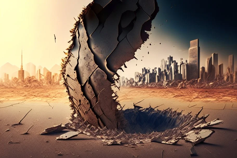 human design, breaking down into pieces, cinematic image, 16K, side close-up. In the background of the image, land cracked by drought and a city destroyed by