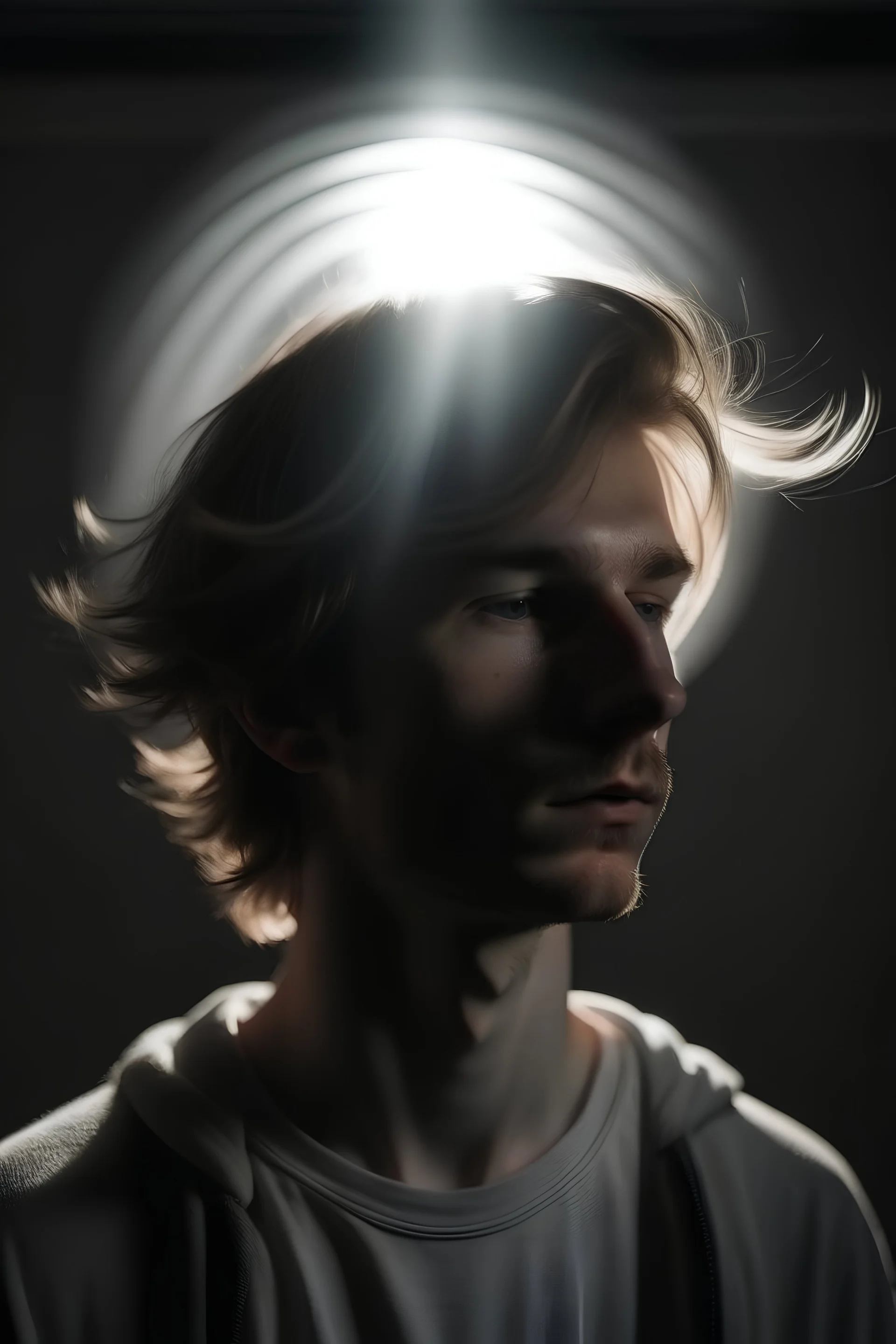 Soft, diffused light bathes the scene, creating a halo-like effect around his head