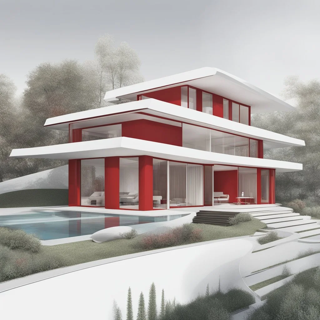 Draw an lineal illustration of a red and white country house, modern, minimalist style, ultra quality, detailed, oval and round shapes, Zaha Hadid style, Zaha Hadid style