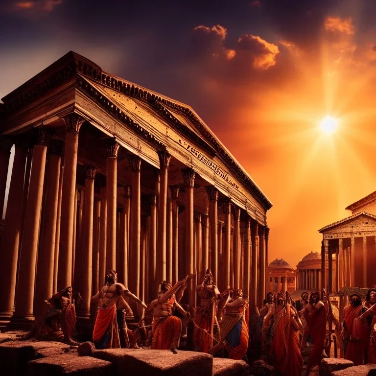 Pantheon of Indian gods fighting Roman gods wide shot of armies in the sky, cinematic, sunset, Spielberg, God rays, Wide shot, 16:9, Q3