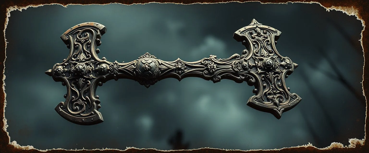 ornate war hammer, pinhole cam, airbrush 3d rendering, in the style of John Atkinson Grimshaw , torn edges on border
