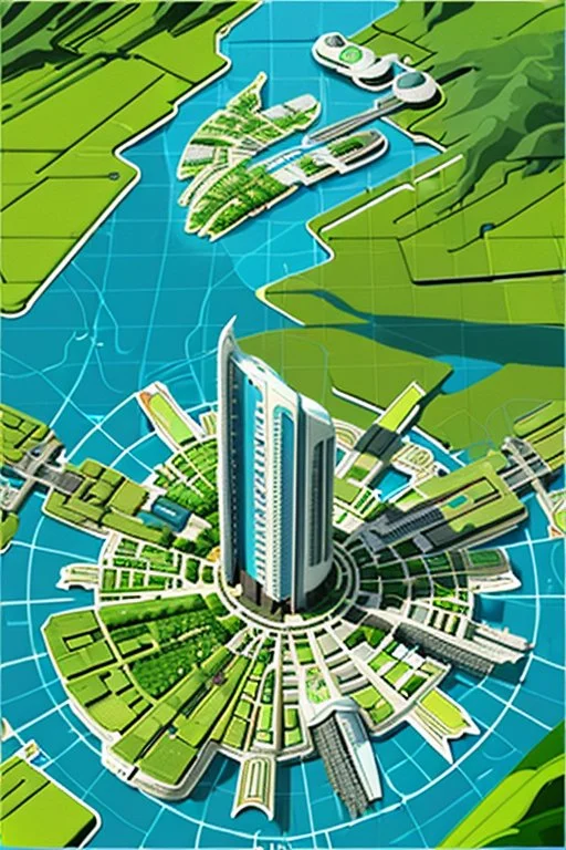 high detail map of an entire tropical dystopian small capital city