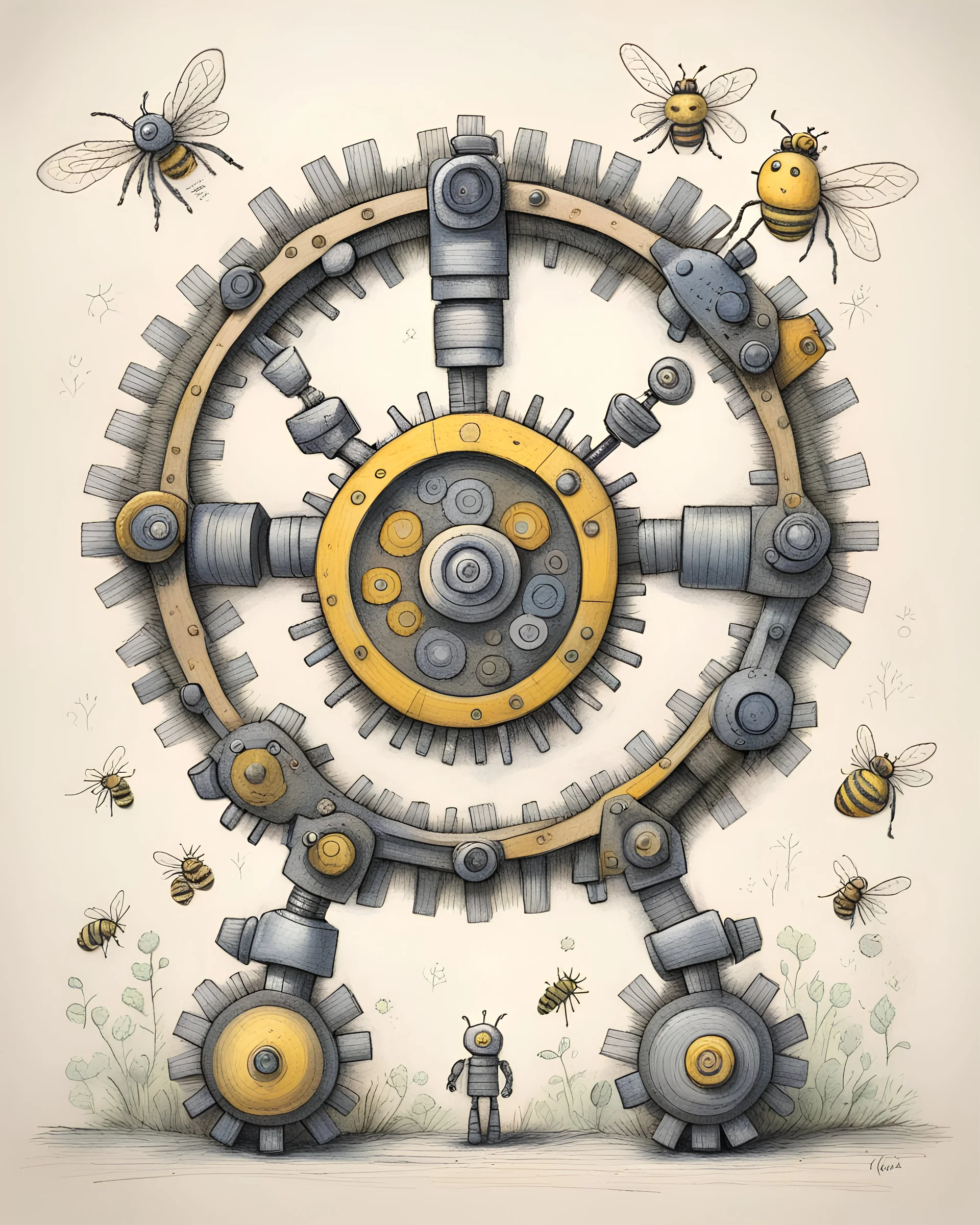 a robot made in the shape of a gear wheel playing with a bee above its head for a children's story, made with crayons, scale the drawing so that it does not protrude beyond the view