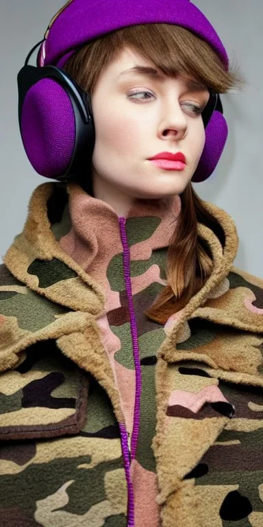 Brunette woman. average body type, think thighs and thick calves. Mantle is sewed of recycled Denim and sewed together of camouflage pieces. Printed camouflage figures are orange,terracotta, cream and purple. It is with big bright purple felt tippet and cream-colored-hood. mantle is merged with satchel. . AKG-style headphones (gold rings!) is merged with small felt cap with small visor. Style: Haute Couture in 1936, Paris fashion in 2023, inspired by street art. Cream latex gaiter.