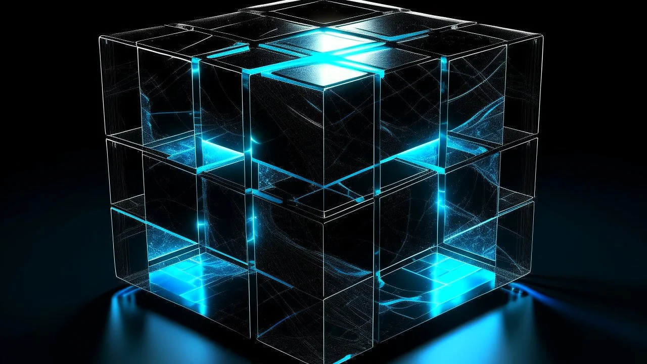 Cube tesseract located strictly in the middle of picture with space around it and with glow in tesseract, but without glow below it, without background or table.