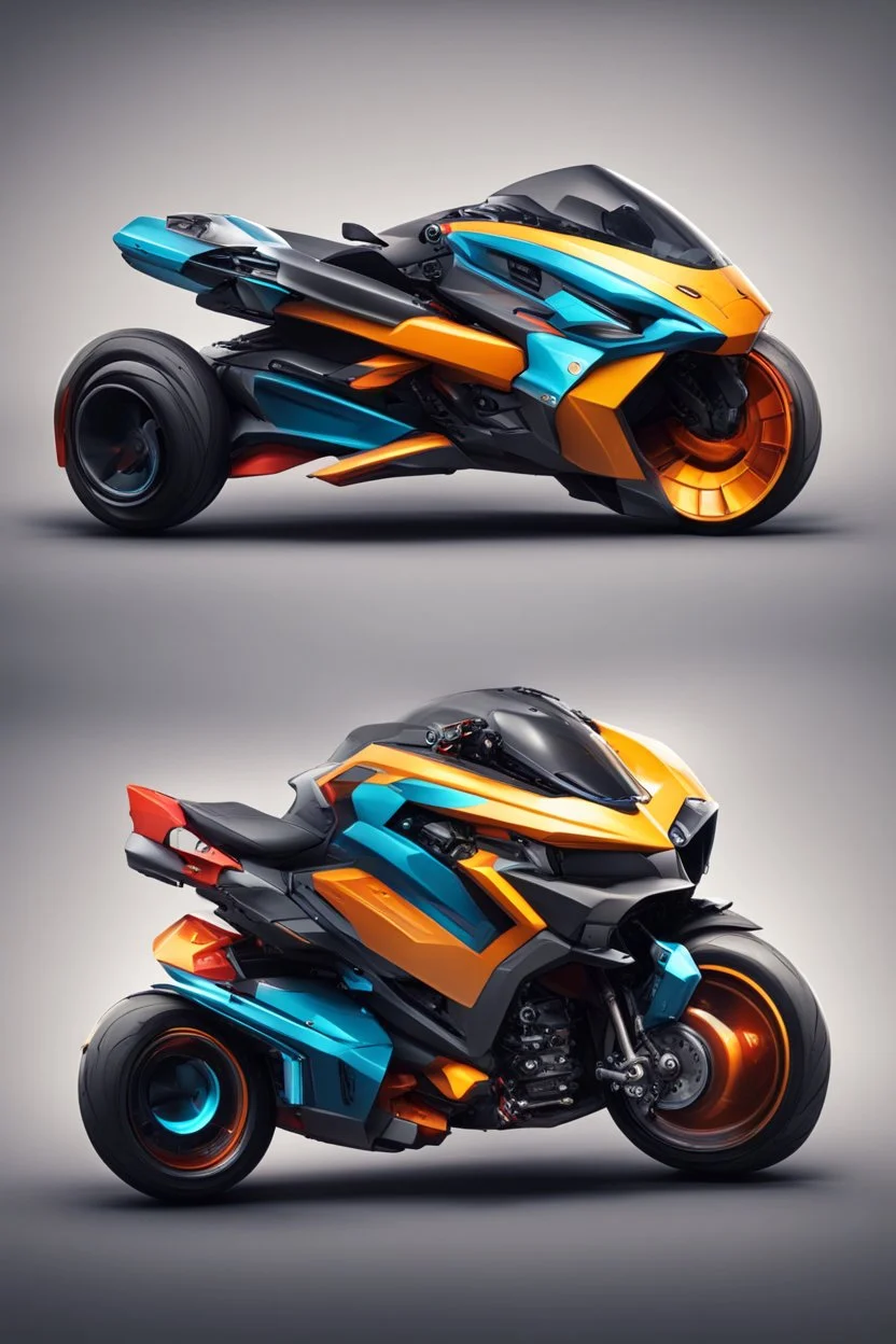 A combination of ultra-advanced car and crazy Max fighter, super sporty, with color and nano technology An advanced motorcycle with four wheels and a turbo jet in the back with rockets and machine guns