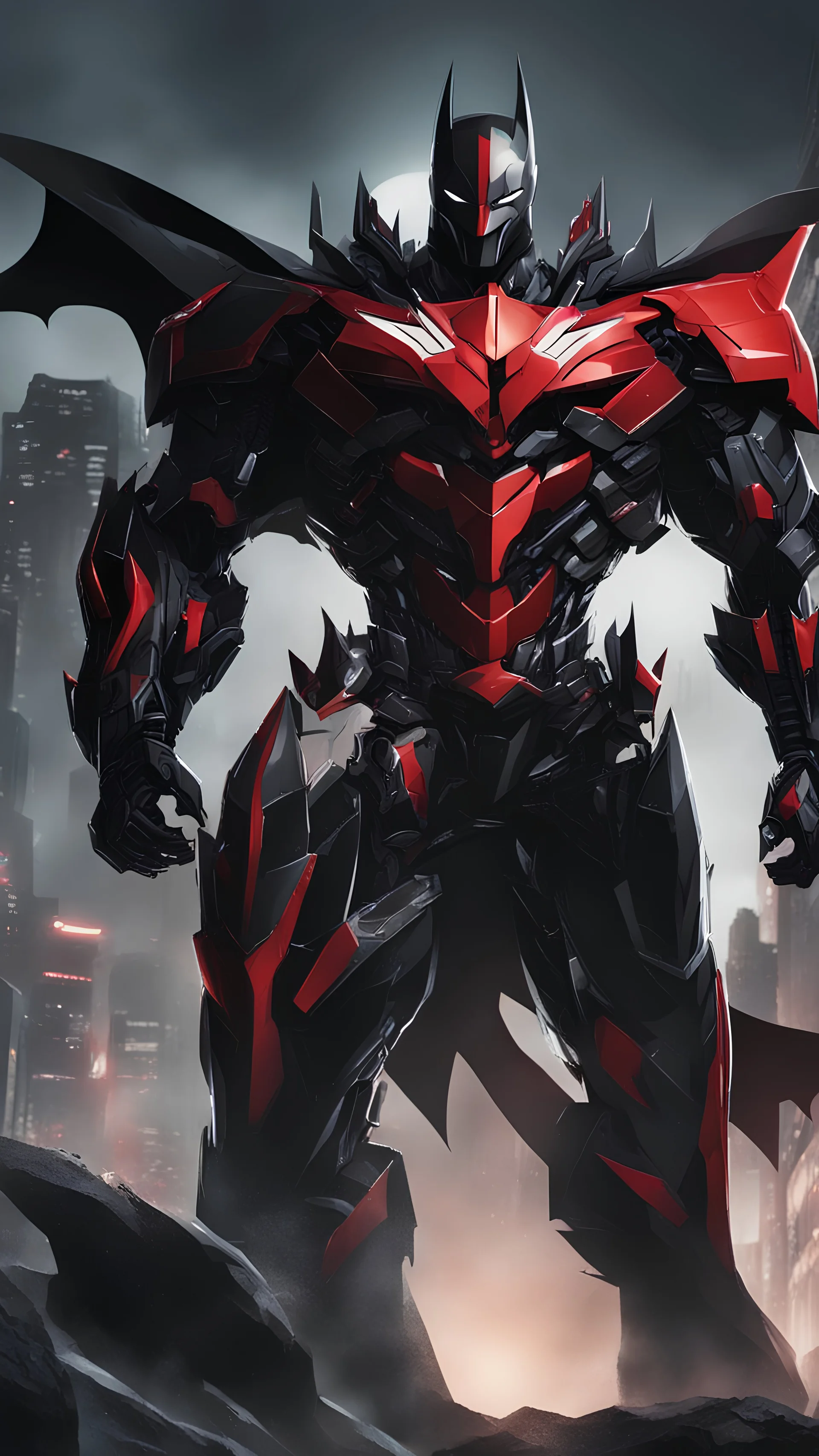 A close picture to Mix between symbiote and machine and batman in transformers cyborg with black metal and red details armor in solo leveling shadow art style with red details detailsis in fantasy world