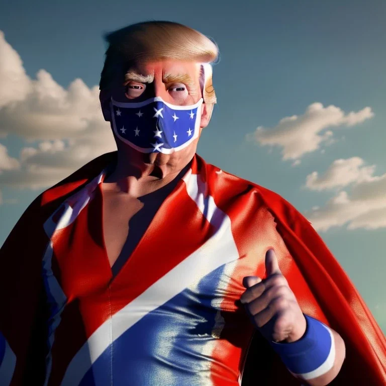 realistic image of donald trump as a mexican wrestling fighter posing outdoors, Mexican eyes wrestling mask, red and blue breeches, confederate flag cape, retro style, 80s, vibrant color, highly detailed, sky background, concept art, unreal engine 5, god rays, ray tracing, RTX, lumen lighting, ultra detail, volumetric lighting, 3d, finely drawn, high definition, high resolution.