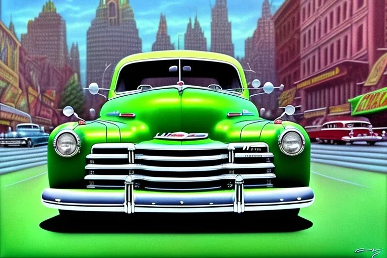 a true-to-life 1948 Chevrolet Fleetline, centered, intricate, extreme detailed, photorealism, center view, city background, pivot on chevrolet, pen and color marker painting by cheryl kelley