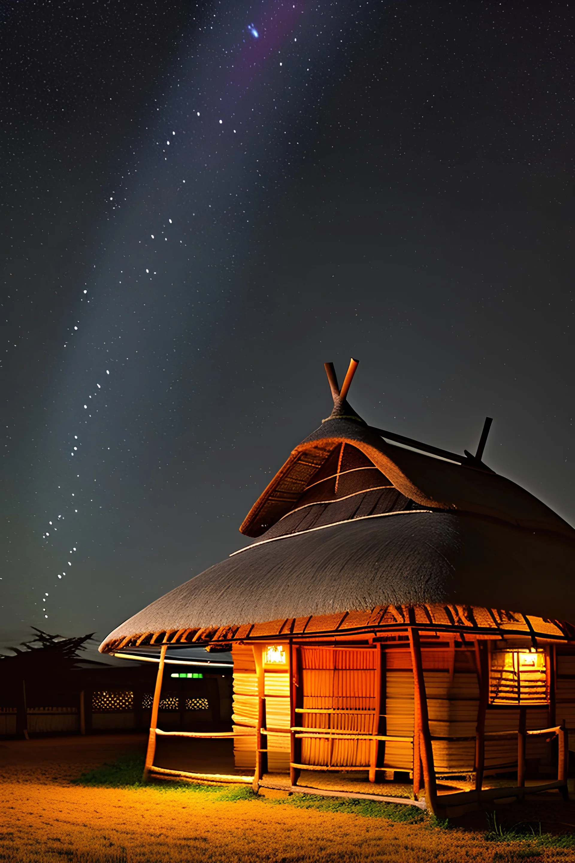 a thatched hut and a lamppost by it under starry sky