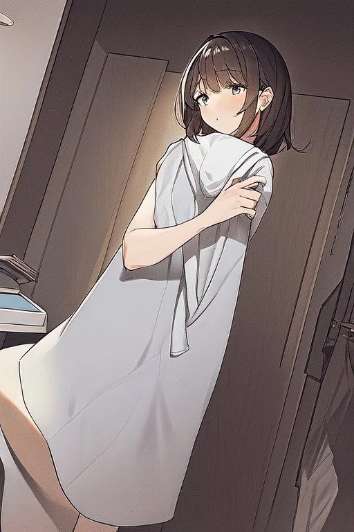 anime girl entering her room, wearing a towel