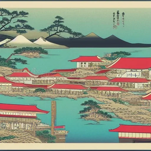 Ukiyo-e style illustration of ancient Inka city skyline buildings