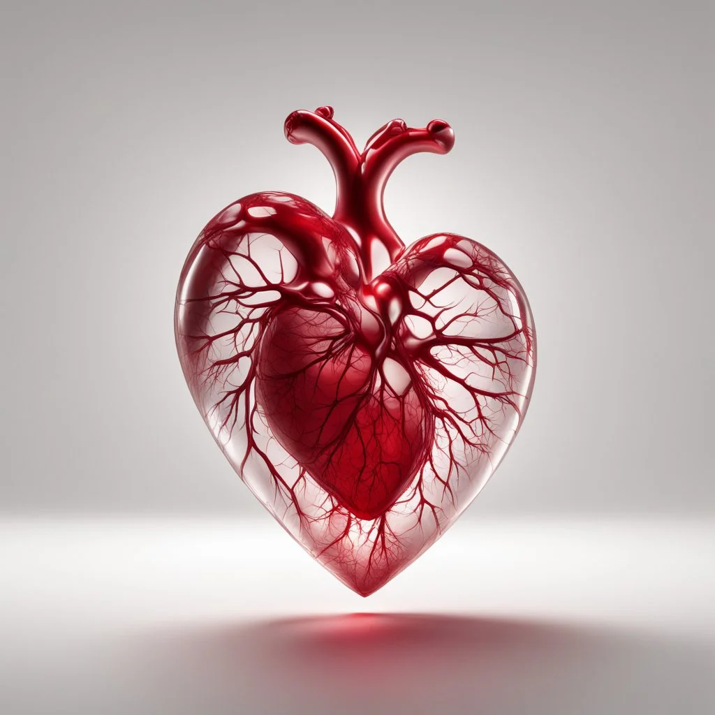 Produce a detailed and photorealistic 16K resolution CGI fine art image of a transparent heart crafted from fragile red glass. The heart contains numerous delicate cracks. It is positioned against a stark white background that presents a striking contrast. The image features intricate and exquisite details, with the heart looking incredibly lifelike, and its structural elements detailed to perfection. The lighting conditions are natural and dramatic, encouraging the reflective surfaces of the he