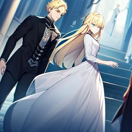 anime couple, female is wearing white dress, female is short, female has long hair, female has blonde hair, female is standing forward, male is tall, male is wearing black coat, male has short hair, male has drown hair, male is walking away