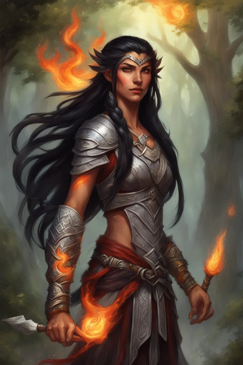 Picture a strong eladrin Druid. She's a female with long black hair, half braided and half down, giving off a fiery impression. She wears light armor, emphasizing agility for her fire and magic skills. Note the big scar on her face. Imagine her conjuring fire from her hands, with big, bright red eyes resembling flames. Her tanned brown skin underscores her strength and elemental prowess.