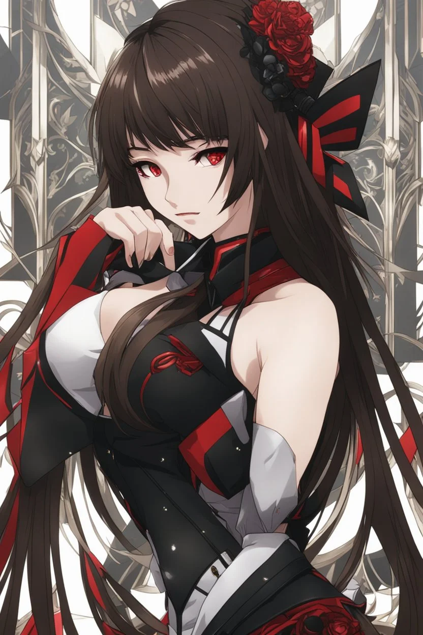 A young woman with pale skin and long brown hair in a modern setting with intricate details. Her attire is sleek black and red. She is smirking, has intense red eyes, intimidating presence, high definition. anime style.