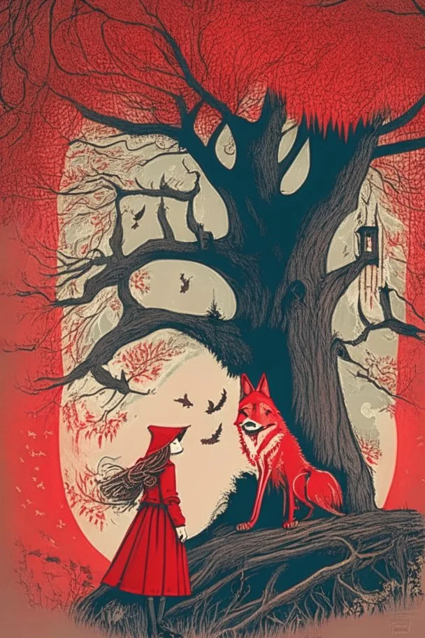 in a cosy vintage style, a beautiful witch marvels at a red tree with the big bad wolf watching her