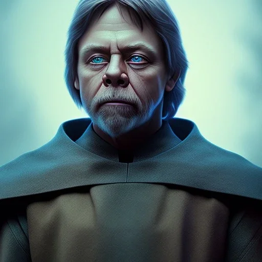 upper body photorealistic jedi mark hamill in Star Wars, sharp blue eyes, photorealistic weathered skin, dark jedi robe, cinematic lighting, intricate