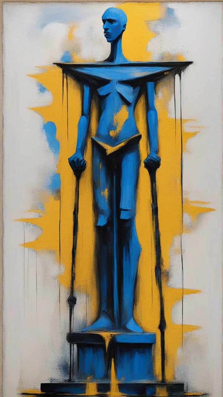 a tough oil brush blue and yellow and black abstract on rough canvas make a surreal figure of a tall and thin sculpture holding the scale of justice in court
