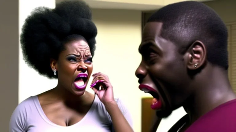 angry black lady screams while talking to Tyrone who is somewhere else laughing at her at the phone