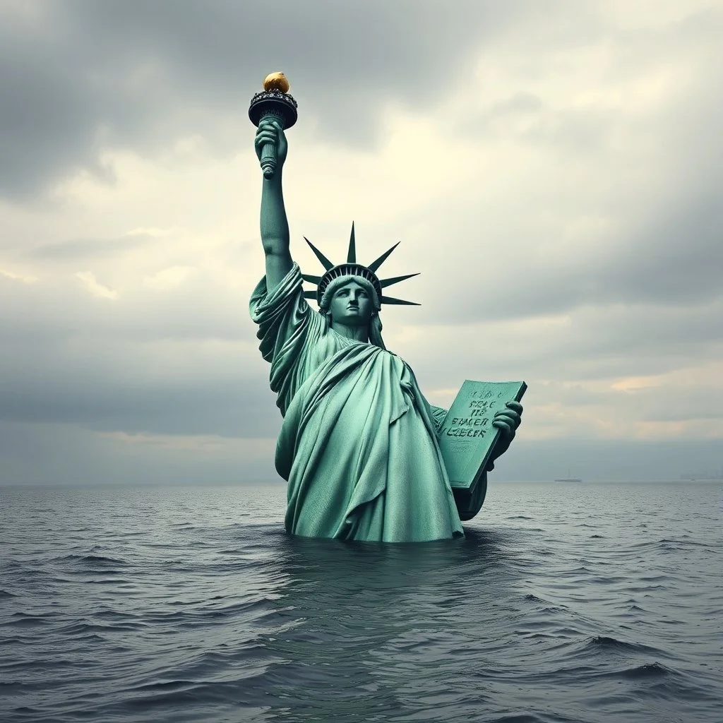 a half submerged statue of liberty, replace statue with a Dalek