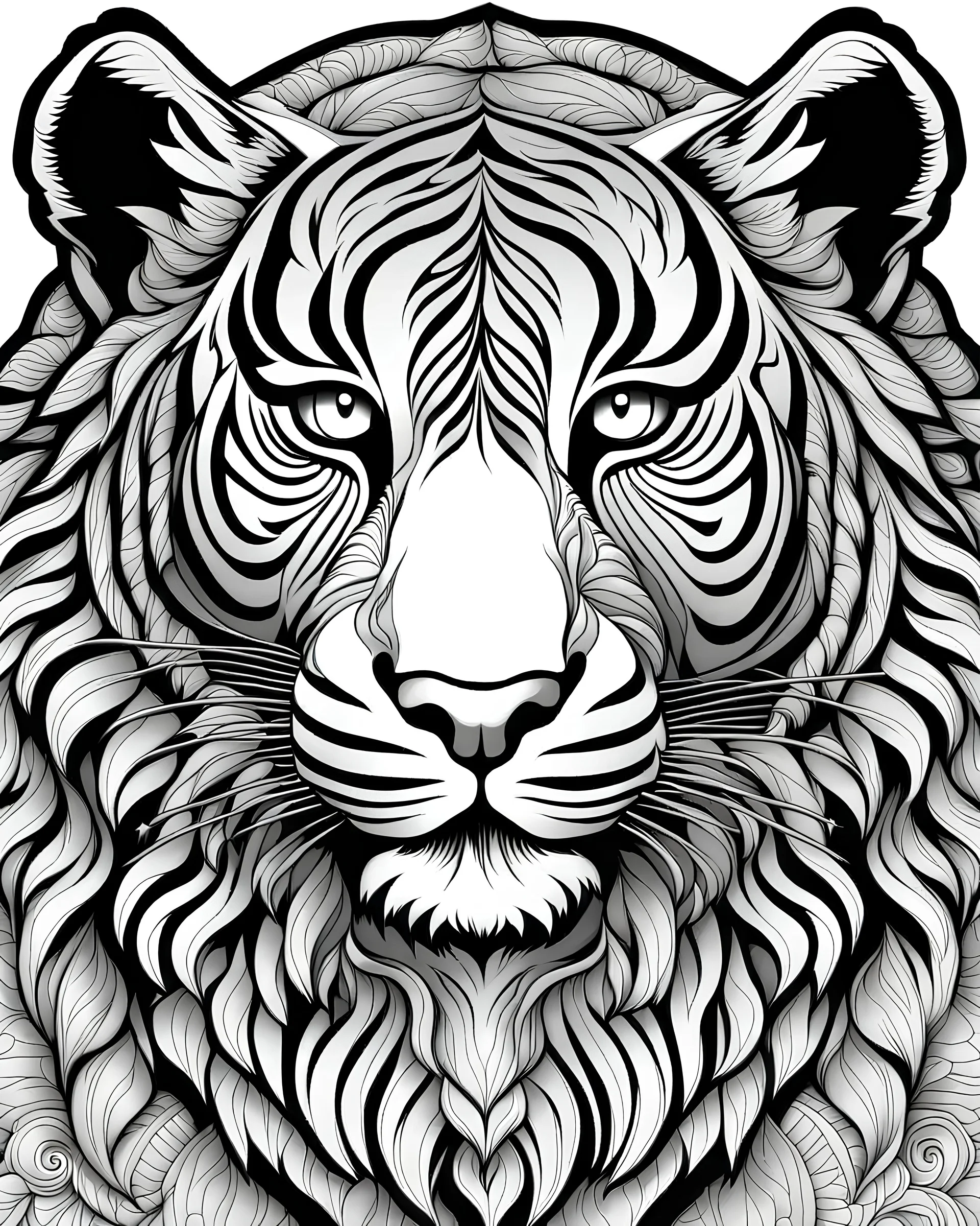 create a coloring book for adults in cartoon style, with thick and sharp lines in black and white, a loghing tiger in the circusno color, black and white, highly detailed, intricate full body portrait.