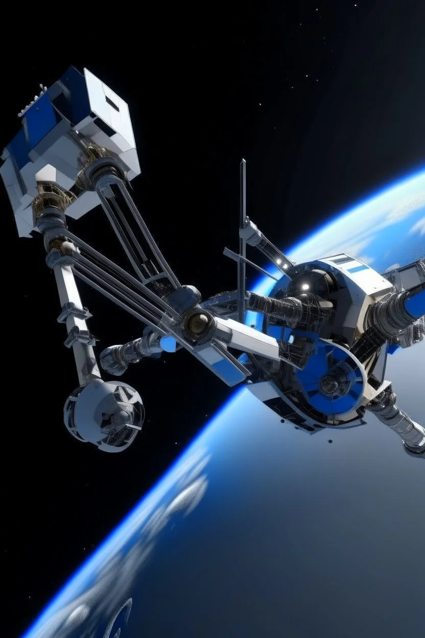 In a sci-fi starry sky background, a slender space flexible robotic arm with flexible joint is located on the satellite.The images have high resolution.