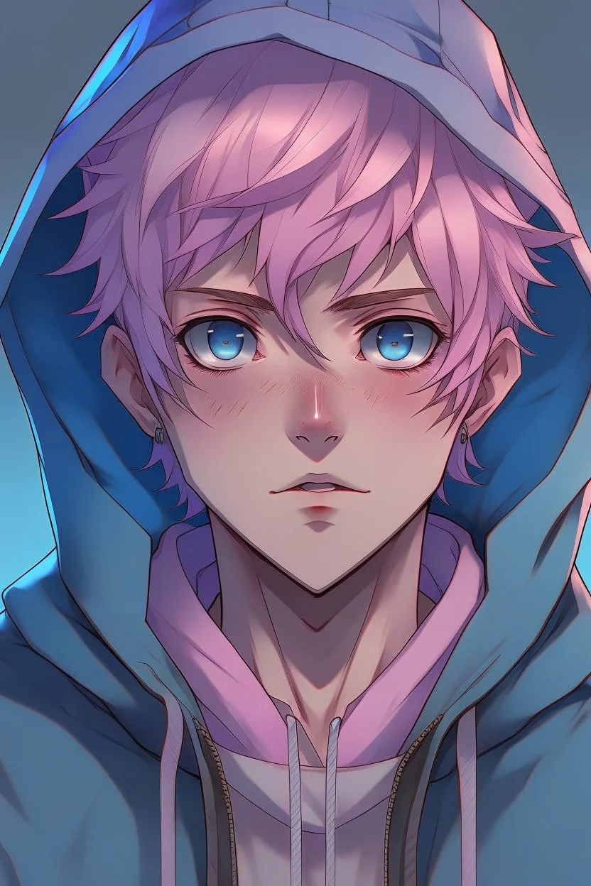 An anime man with messy short pink hair and narrow blue eyes wearing a hooded jacket Realistic.