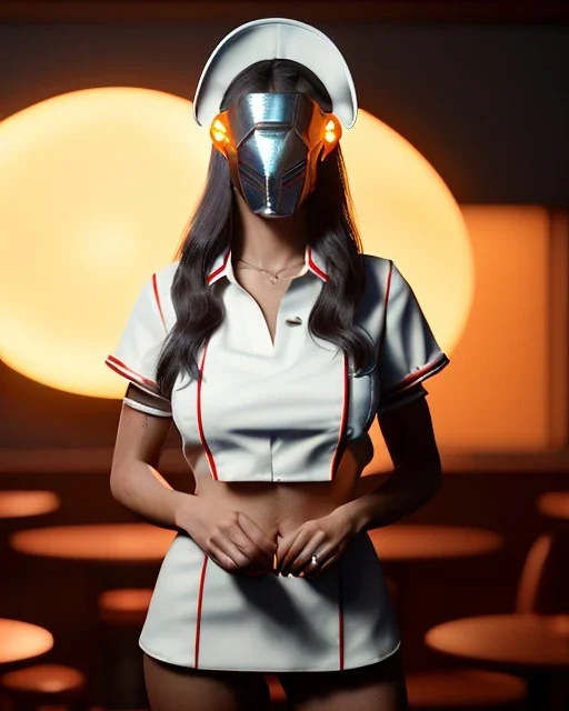 waitress woman with muppet head helmet mask, concept art, retro style, smooth, unreal engine 5, god lights, ray tracing, RTX, lumen lighting, ultra detail, volumetric lighting, 3d.