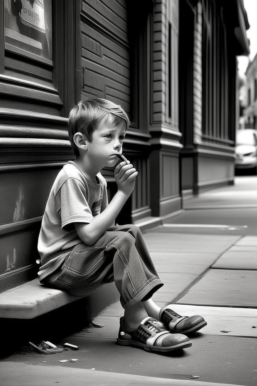 A boy sitting on the sidewalk, smoking a cigarette and wearing sandals