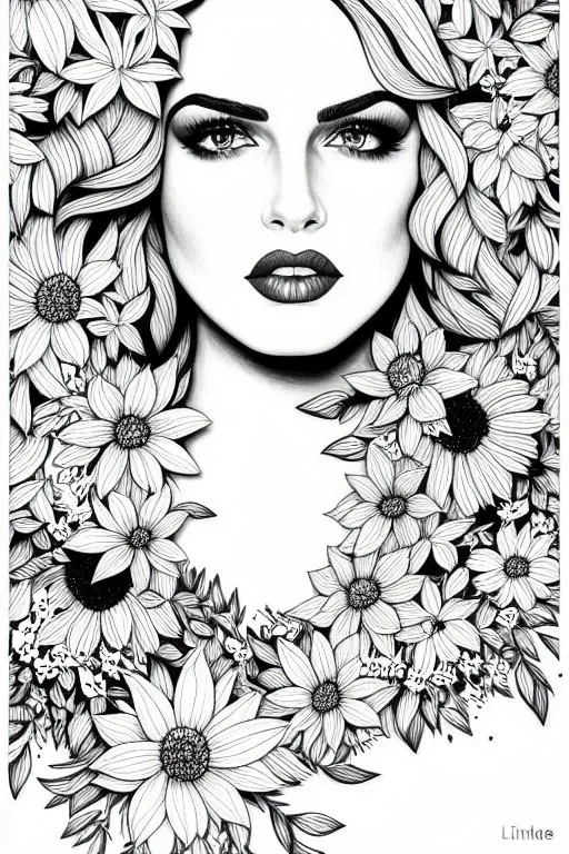 hyper detailed, black and white, thick line, coloring book illustration, lineart, stunningly beautiful woman in flowers