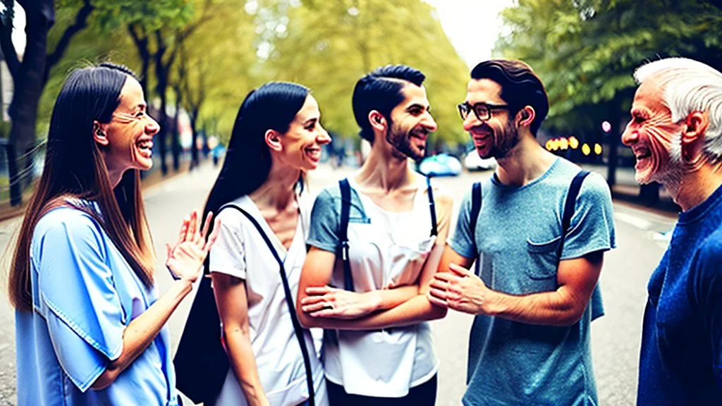 four happy people discussing health and wellness on a street, close up, bokeh