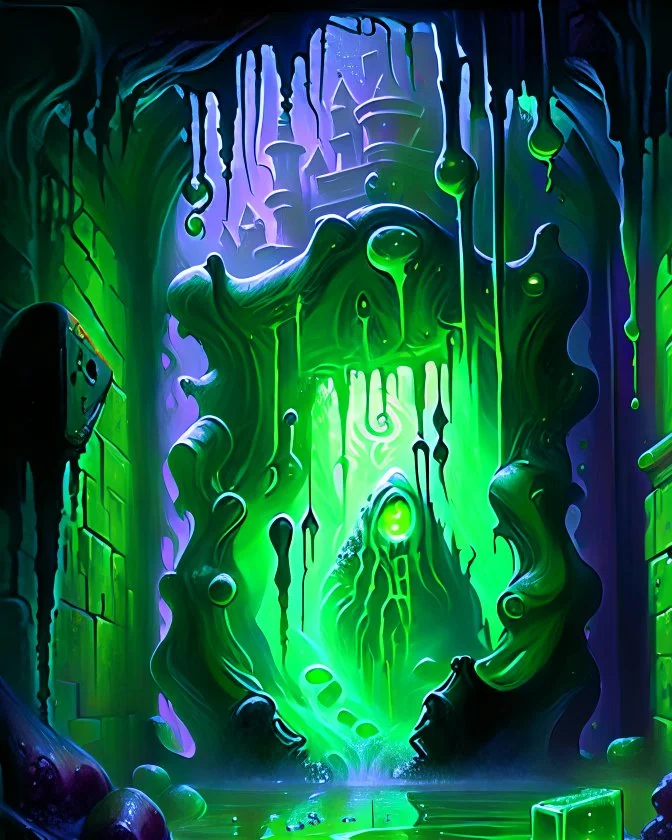 a slimy dripping gelatinous cube in vast cavern room with iron gates art painterly