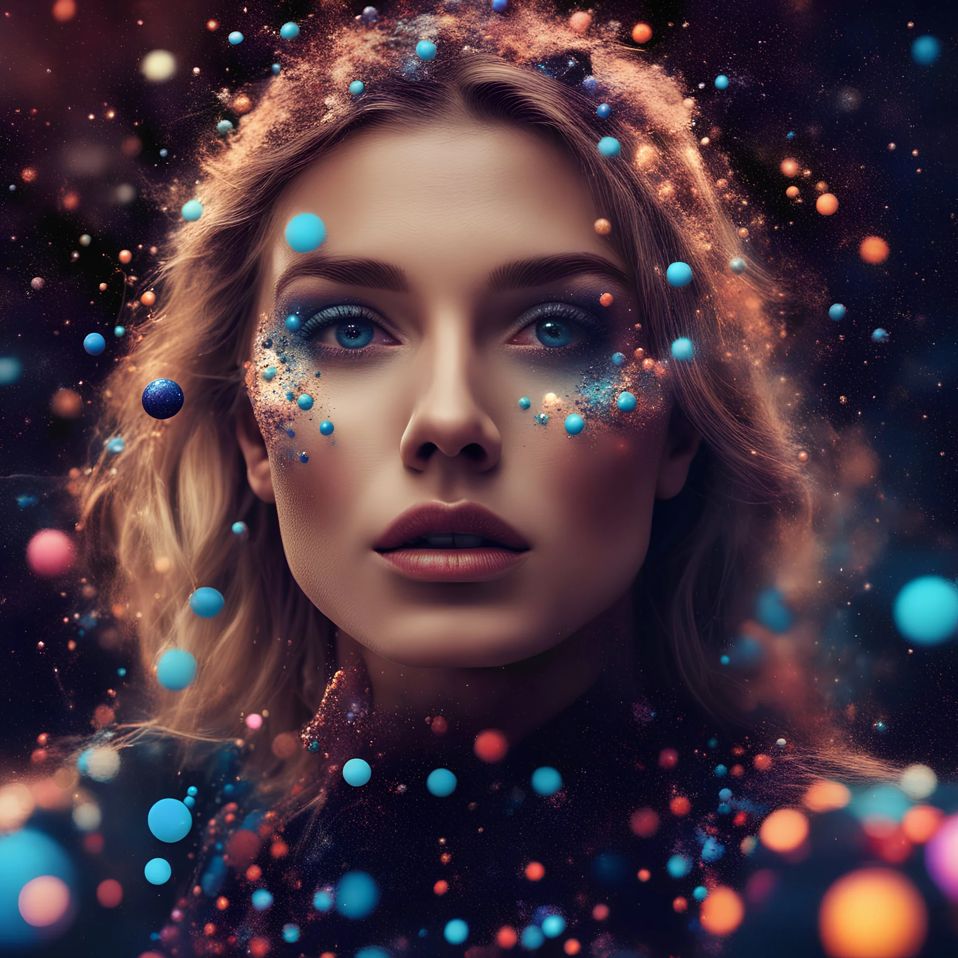 Beautiful amazing phantastic woman world fashion supermodel Hollywood superstar, retro dots, orbs, colorful splash, magic lighting, paint powder explosion, cinematic atmosphere, 8k resolution, molecules structure, atoms under microscope, nature macro, sacred geometry, galaxies, planets, cosmic future, heavenly mood