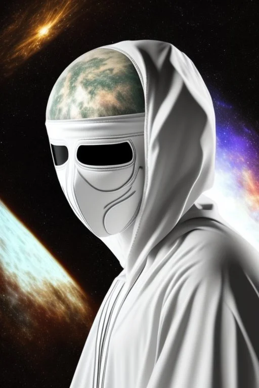 Planet Mercury portrayed as a masked human wearing robes, the right side of the mask is black with open white eye, the left side of the mask is white with closed eye.