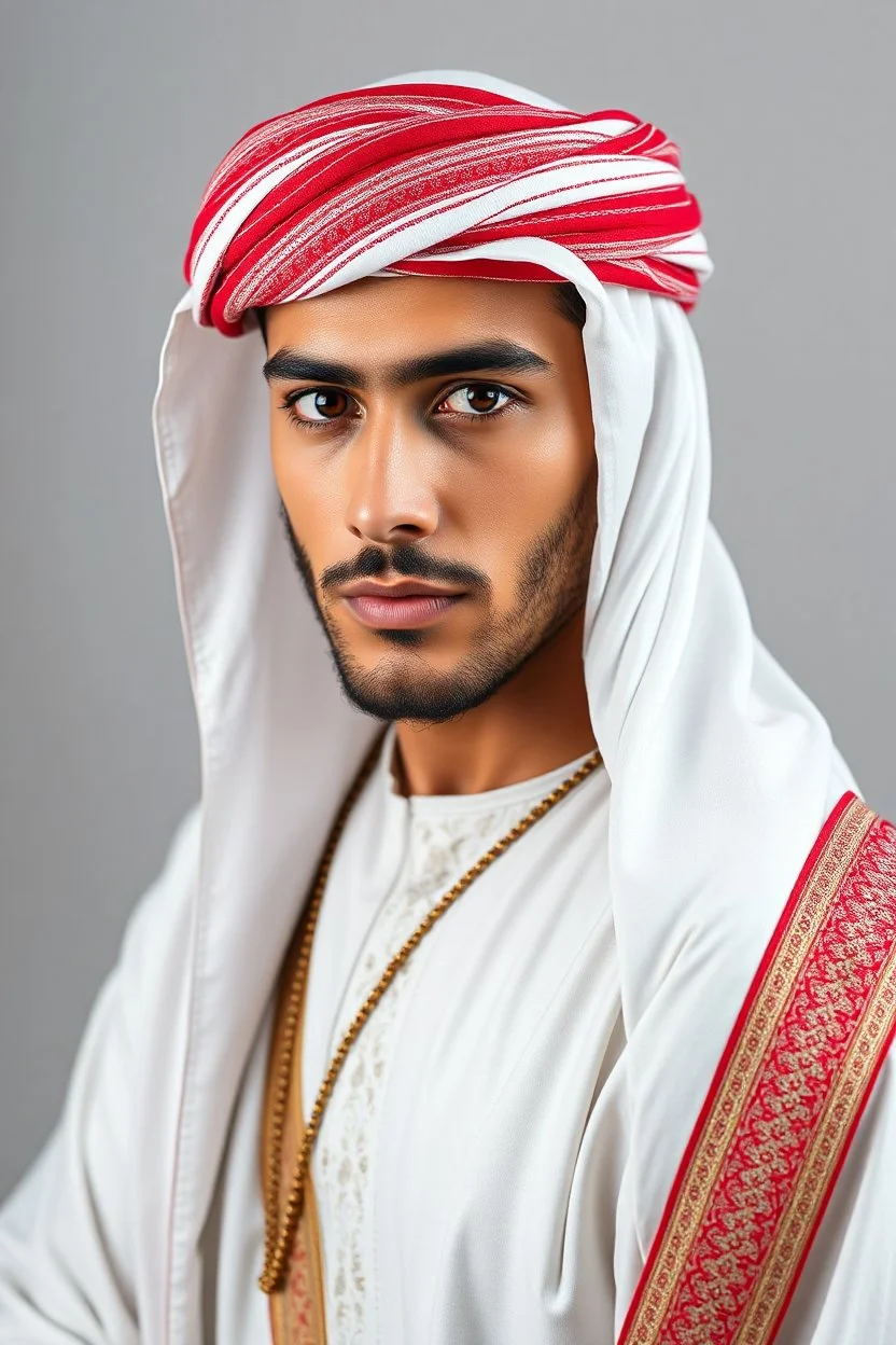 Traditional Arabic gay man , full body side view, looking at the viewer, white make up on her face, , traditional si, studio photograph, very aesthetic, highly detailed, brilliant composition, hyper realistic, photorealistic, subsurface scattering matt painting