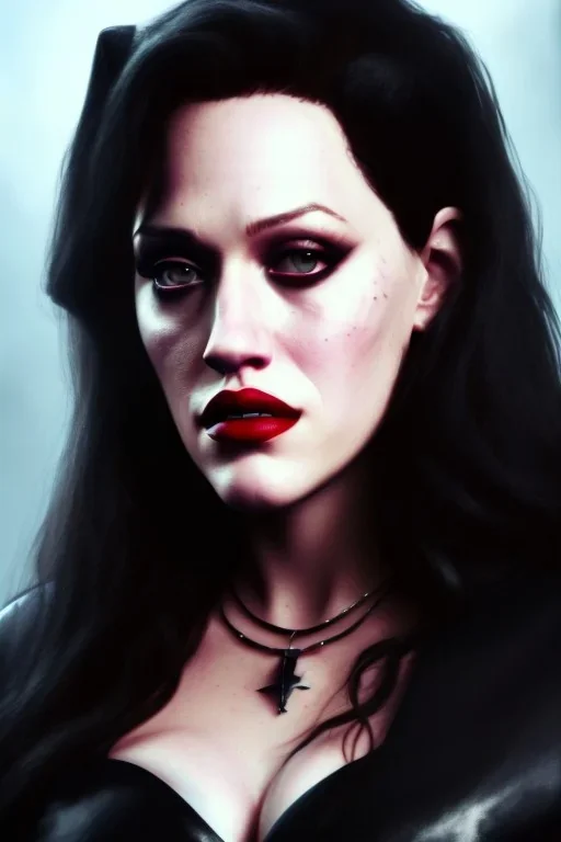 painting of kat dennings as evil queen in black leather pants, , leather, angry, stern look, volumetric lighting, particales,highly detailed,cinematic, deep colours,8, highly detailed, digital painting, artstation, concept art, smooth, sharp focus,