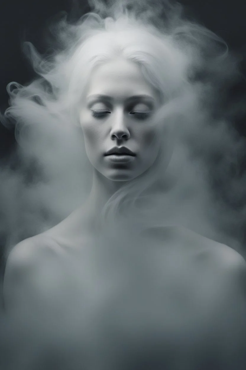 translucent female face barely visible from very dense white smoke and fog, translucent ghost-like face with lots of white hair, lots of fog in the background, surreal style