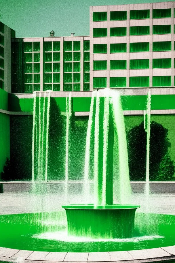 Green area, water fountain and building