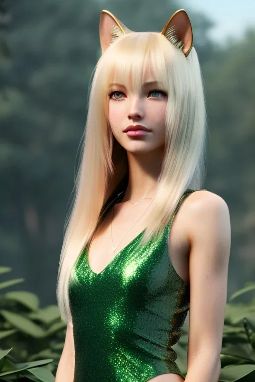 Clear focus,High resolution,High quality, Blonde long hair, green eyes, cat ears, Realistic