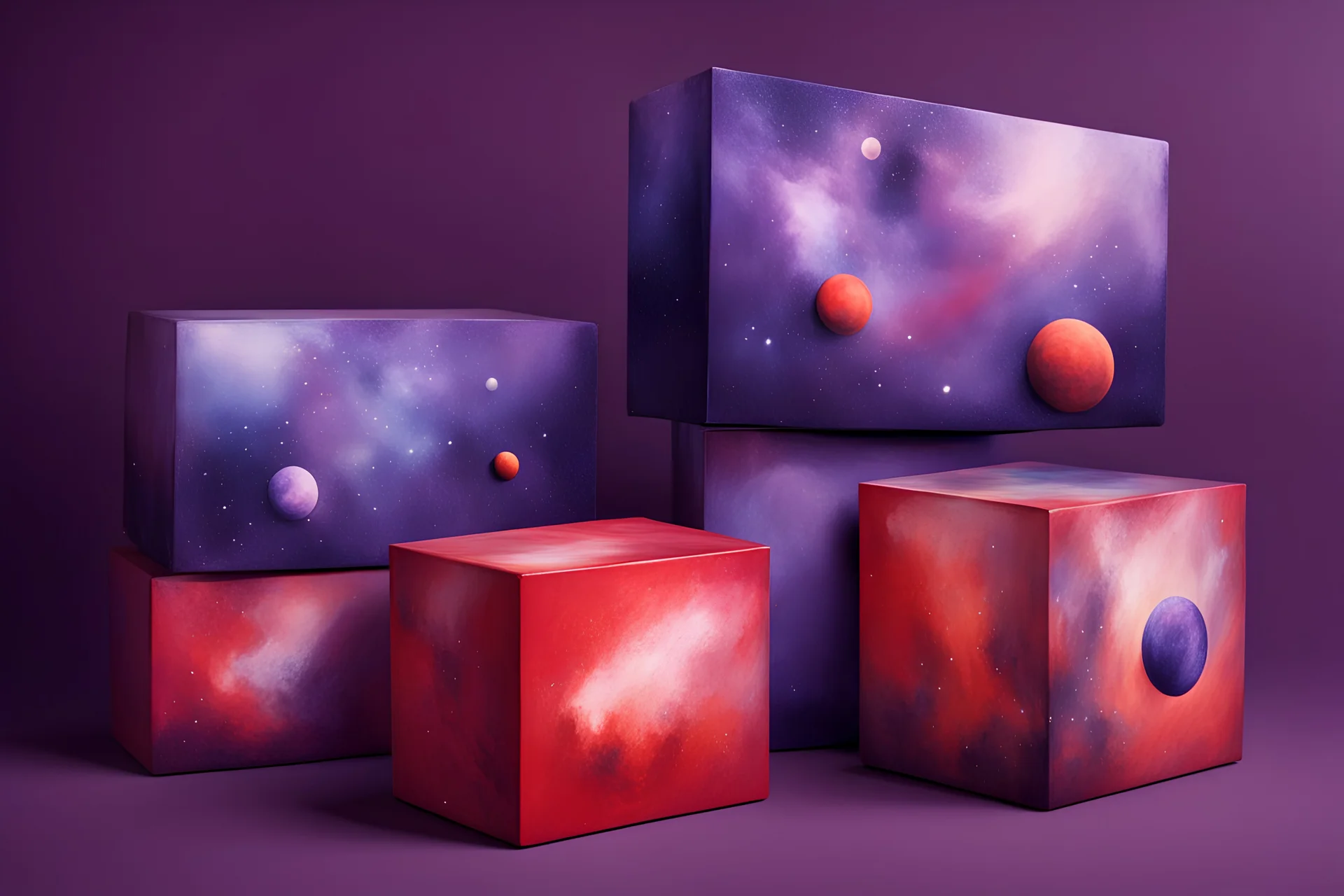 beautiful paintings of purple space on red boxes