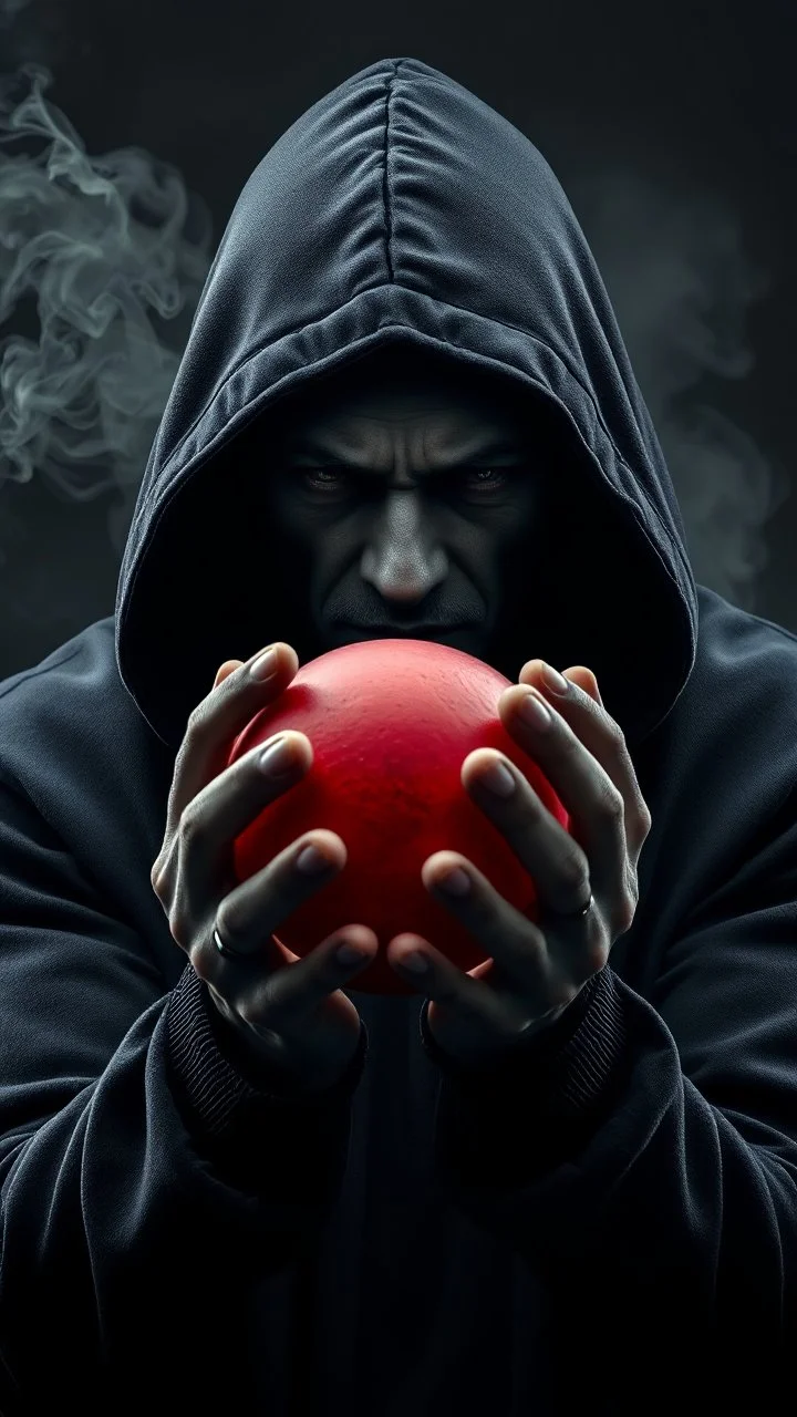 Portrait of aa evil gray skin male hooded Cary with both hands a ball in front. A lot of smoke on the background