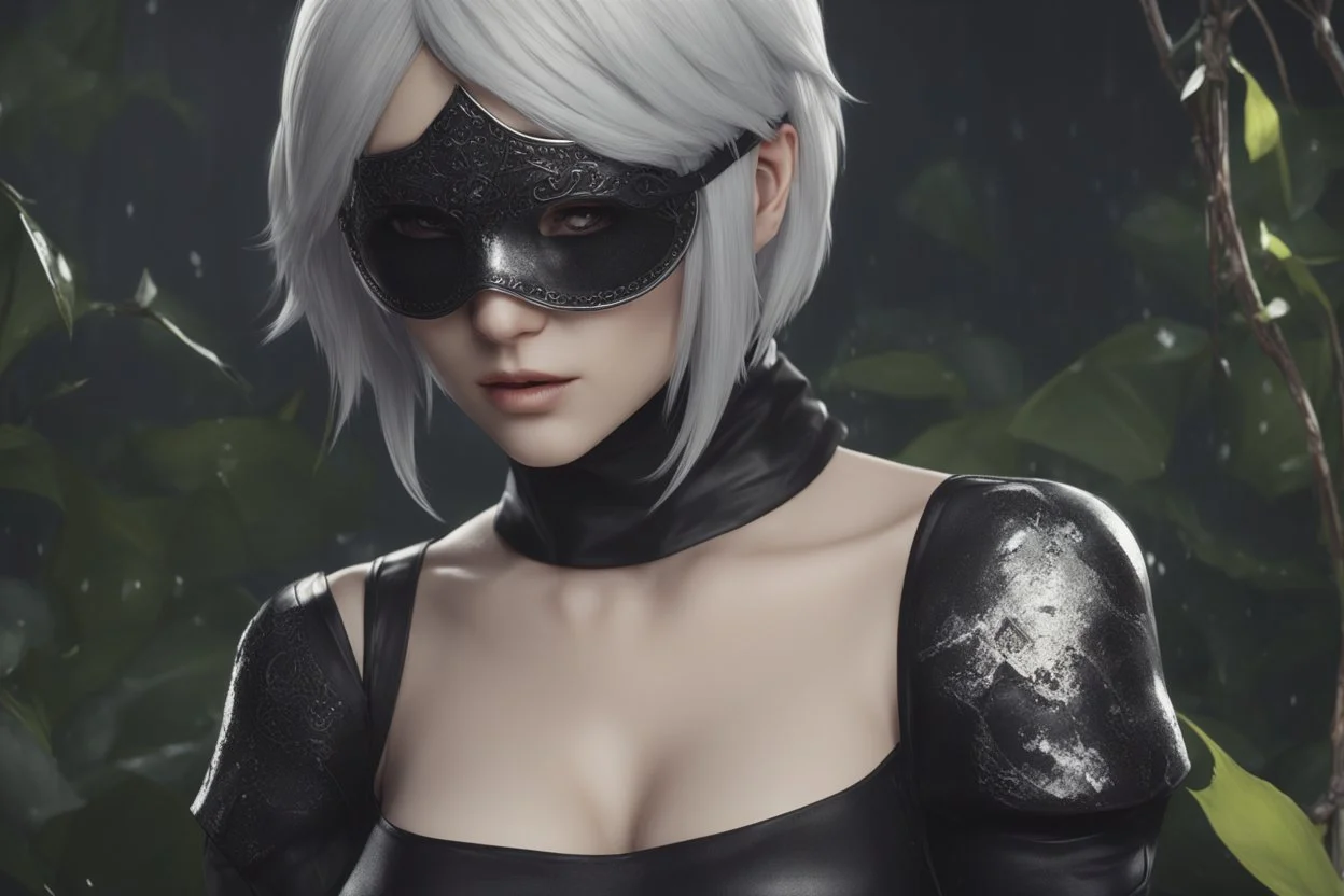 Beautiful 2B with blindfold in 8k nier automata artstyle, 2B them, 2B Custom, blindfold, close picture, rain, fantasy world, intricate details, highly detailed, high details, detailed portrait, masterpiece,ultra detailed, ultra quality