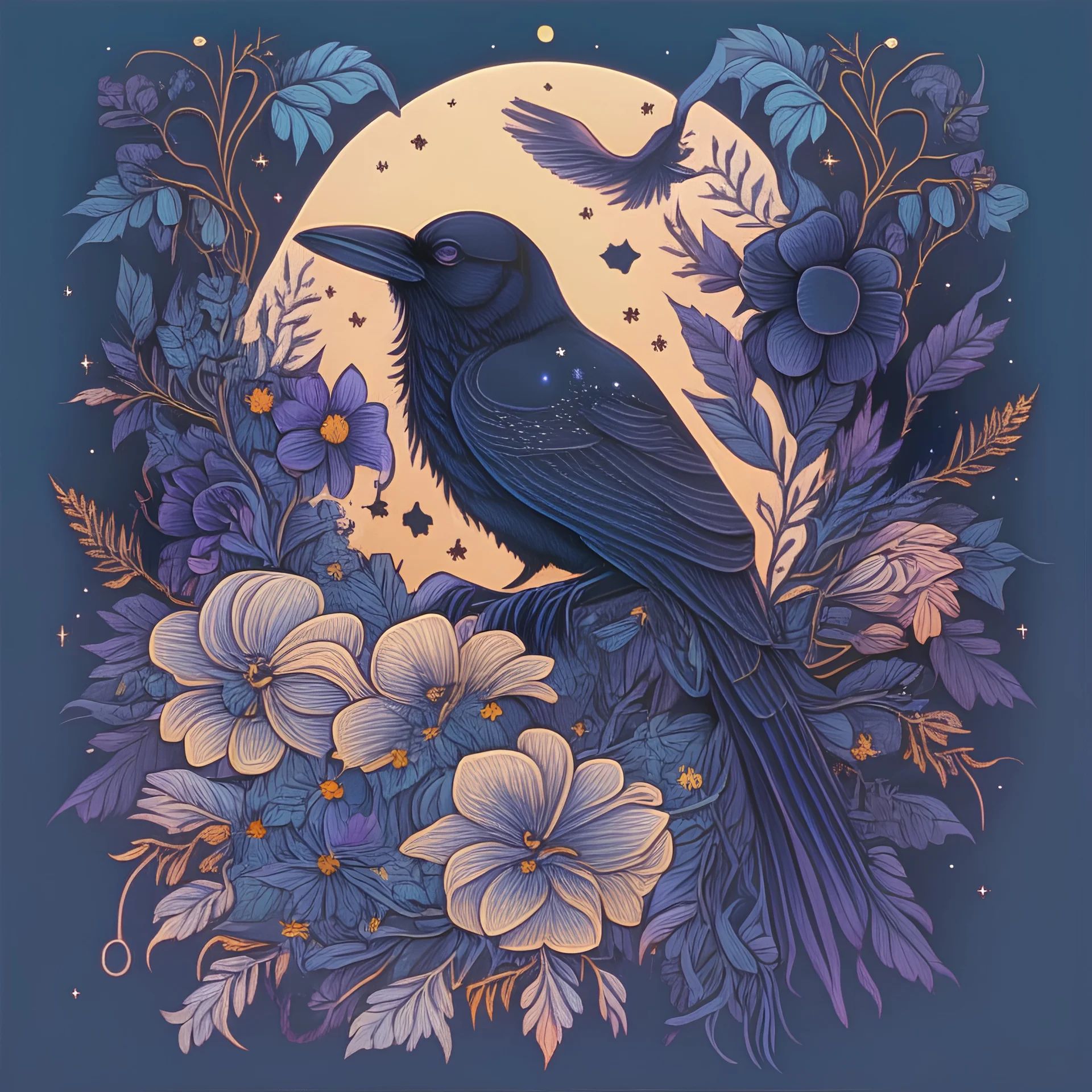 Best quality, masterpiece, ultra high res, detailed, illustration, design, flat vector style, high resolution, illustraTed, shadows and light, aesthetic, modern, ambient lighting, flat colors, vector illustration, raven, moon, leaves, stars, flowers, sailor jerry tattoo, old school tattoo